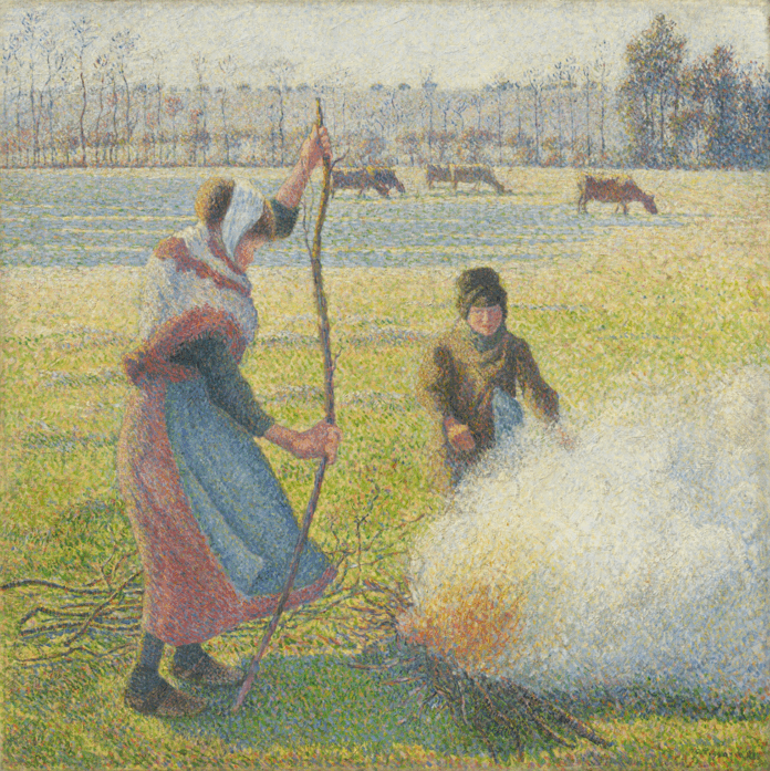 Camille Pissarro, "Hoar-Frost, Peasant Girl Making a Fire (Gelée blanche, jeune paysanne faisant du feu)," 1888. Oil on canvas; 36 1/2 × 36 3/8 in. Hasso Plattner Collection at the Museum Barberini. Image courtesy akg-images/Laurent Lecat