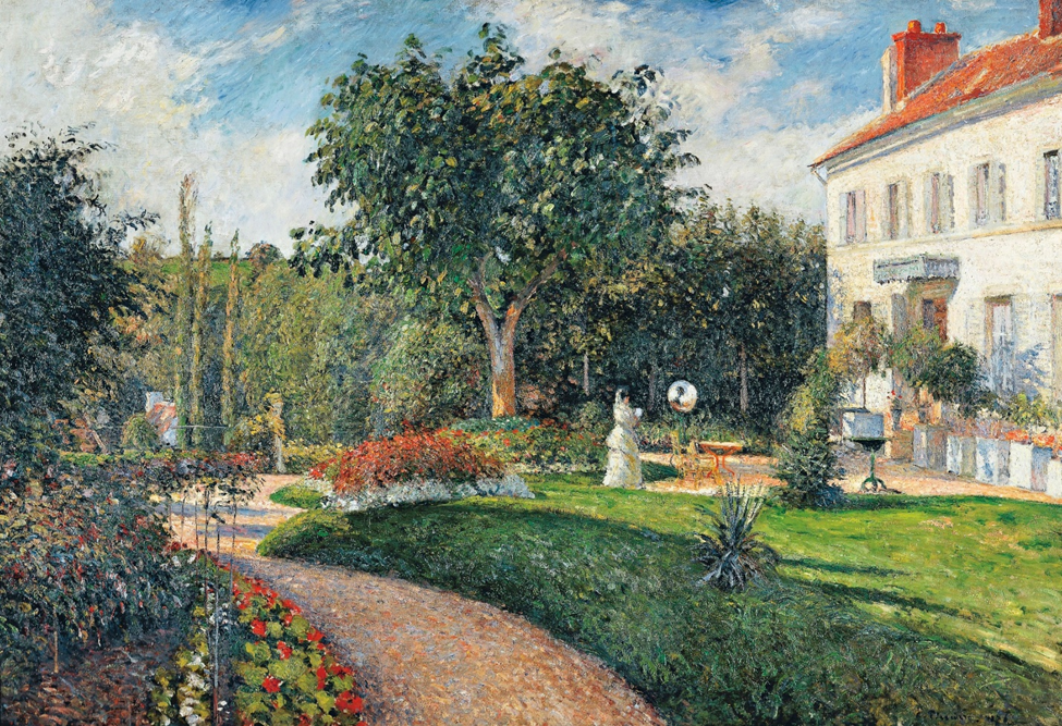 Camille Pissarro, "The Garden of Les Mathurins, property of the Deraismes Sisters, Pontoise (Le Jardin des Mathurins, Pontoise, propriété des soeurs Deraismes)", 1876. Oil on canvas; 44 5/8 × 65 1/8 in. The Nelson-Atkins Museum of Art, Kansas City, Missouri: Purchase: William Rockhill Nelson Trust. Image courtesy akg-images / De Agostini Picture Lib. / J. E. Bulloz