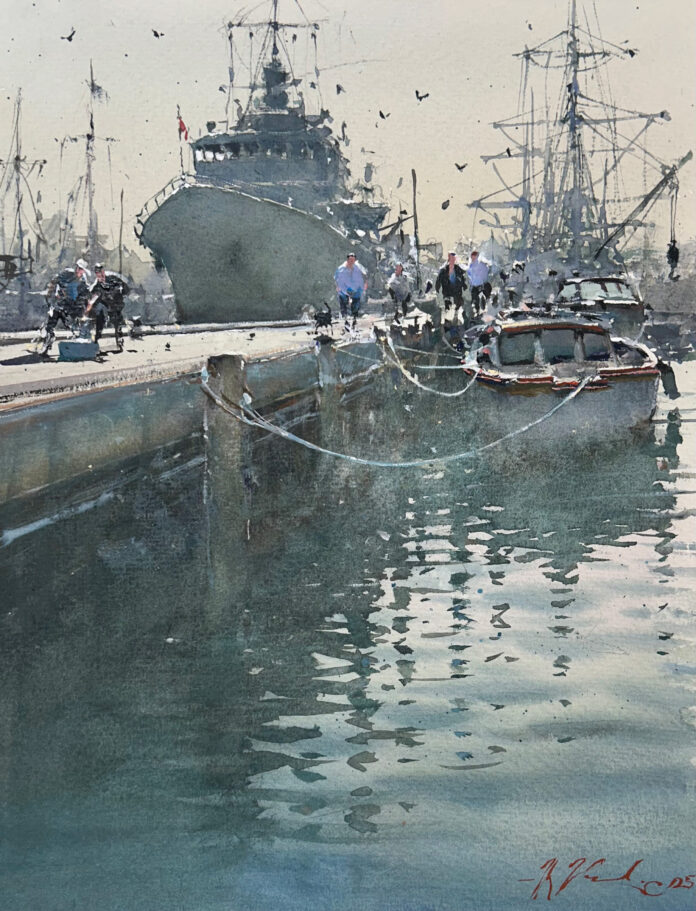 Joseph Zbukvic, "Back from Fishing, Melbourne," 2025, watercolor on paper, 13 x 10 in.
