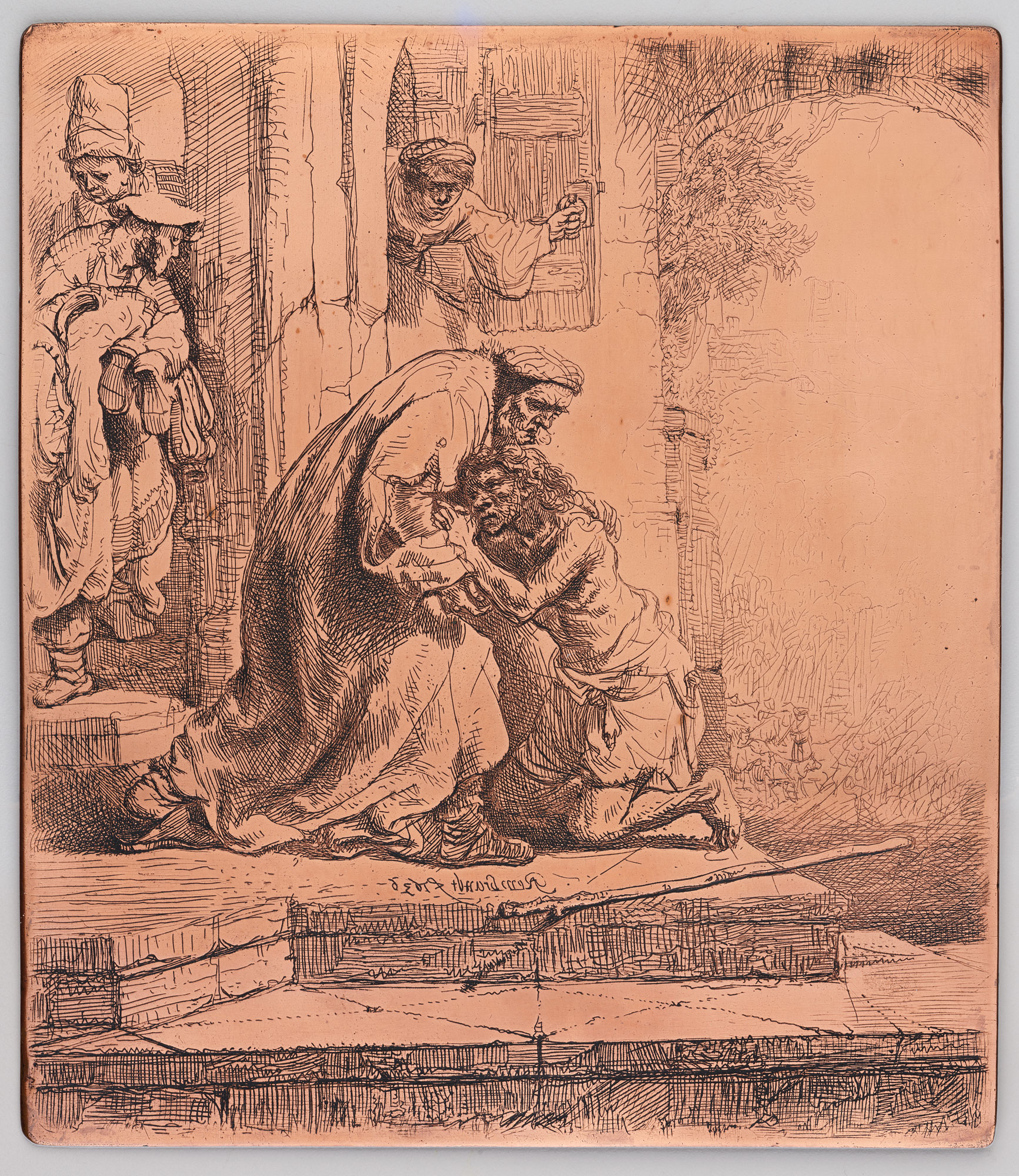 Rembrandt van Rijn, “The Return of the Prodigal Son (etching plate),” 1636, copper, 6 1/8 x 5 3/8 in. Rembrandt House Museum, Amsterdam