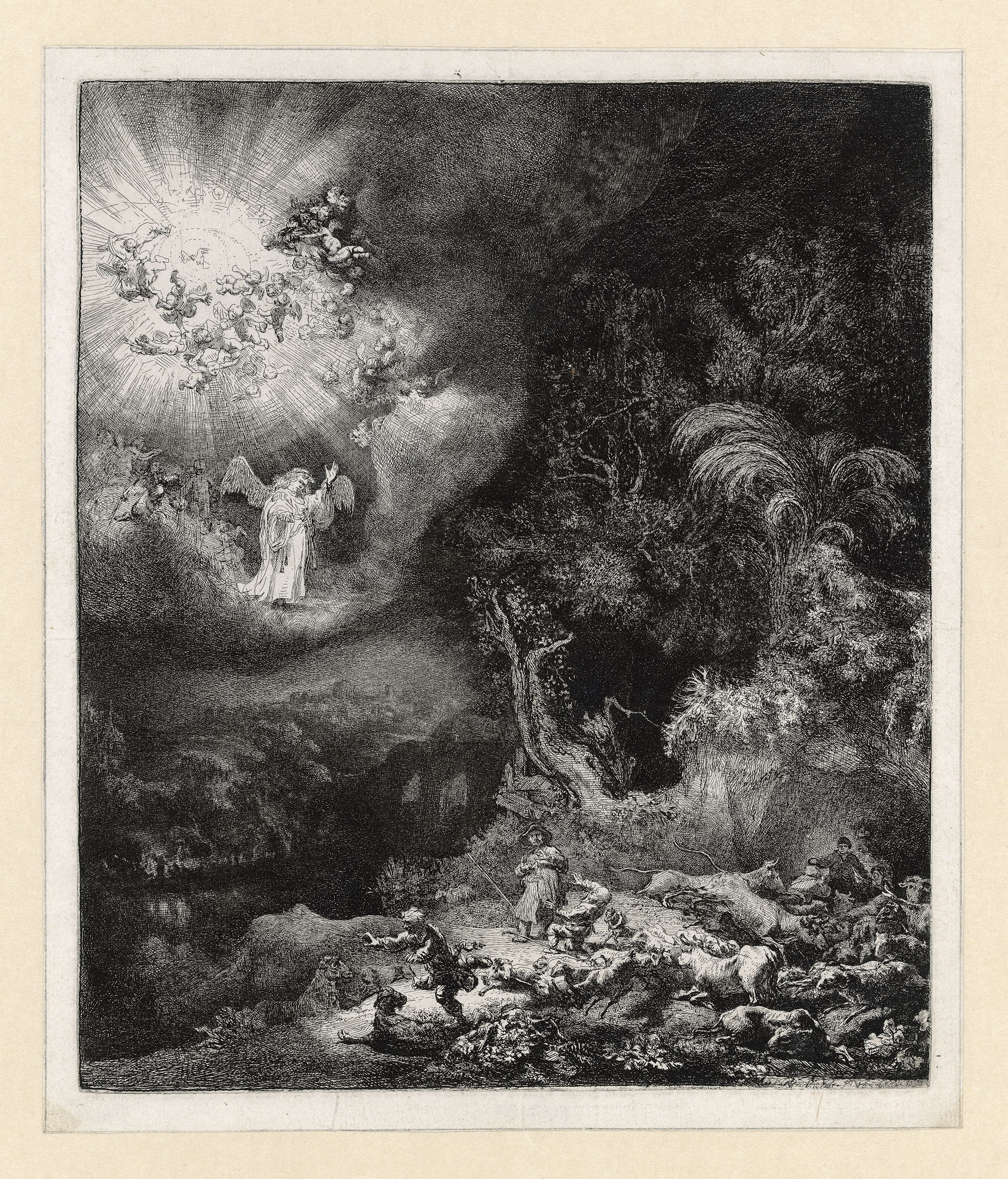 Rembrandt van Rijn, “The Angel Appearing to the Shepherds,” 1634, etching, burin, and drypoint, 10 5/16 x 8 9/16 in. Rembrandt House Museum, Amsterdam