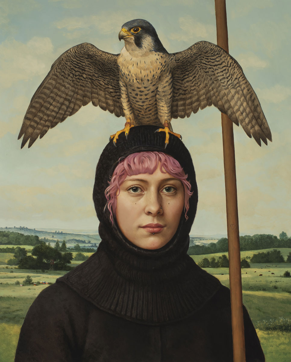 Contemporary realism portrait of a woman with a falcon