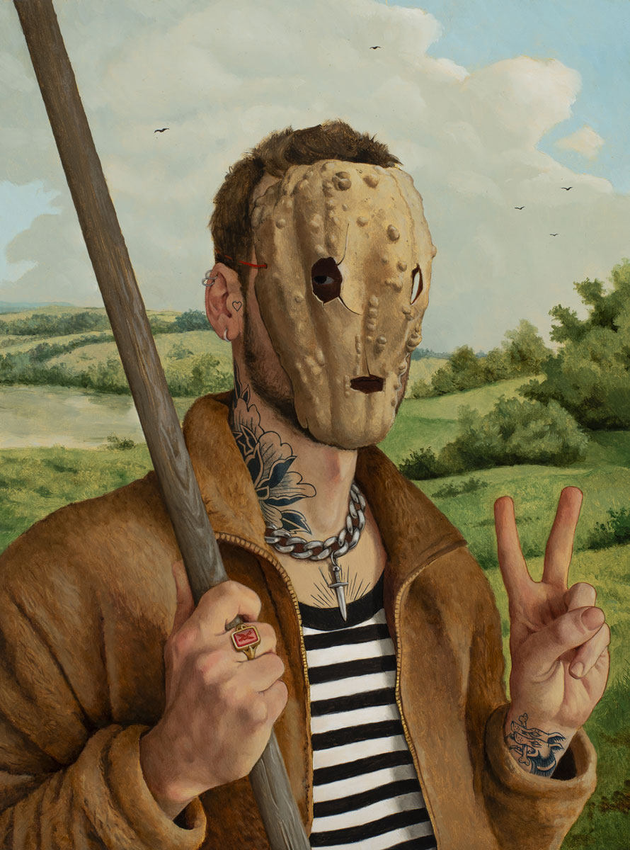 Émile Brunet, "Self-Portrait with a Squash," 2025, oil on wood panel, 16 x 12 in.