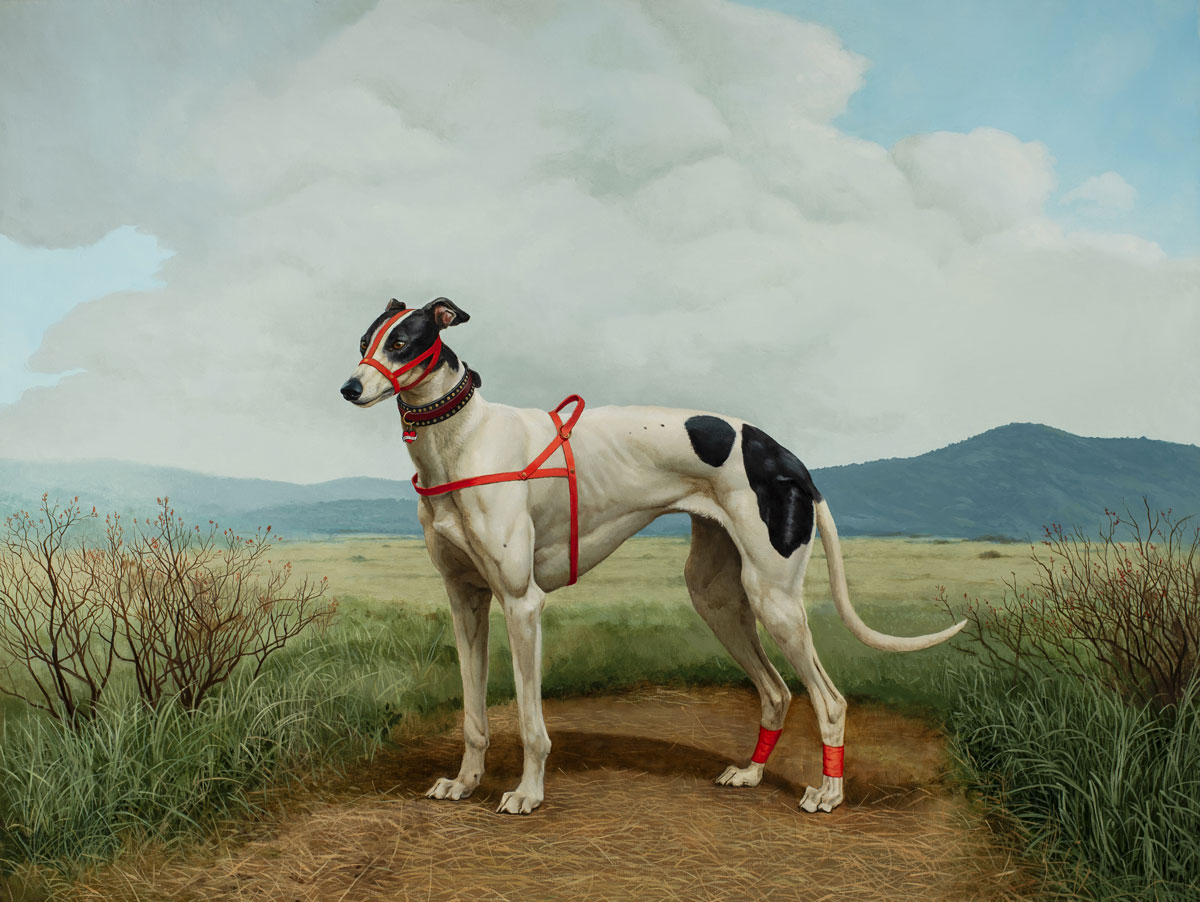 contemporary realism painting of a dog in a rural scene
