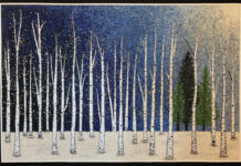 A Busy Weekend for Scottsdale Art Lovers mosaic of birch trees - Sabrina Frey (b. 1970), "Winter Blues," 2024, glass bead mosaic, 24 x 36 in. / Arizona Fine Art Expo