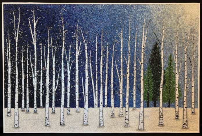 mosaic of birch trees - Sabrina Frey (b. 1970), "Winter Blues," 2024, glass bead mosaic, 24 x 36 in. / Arizona Fine Art Expo