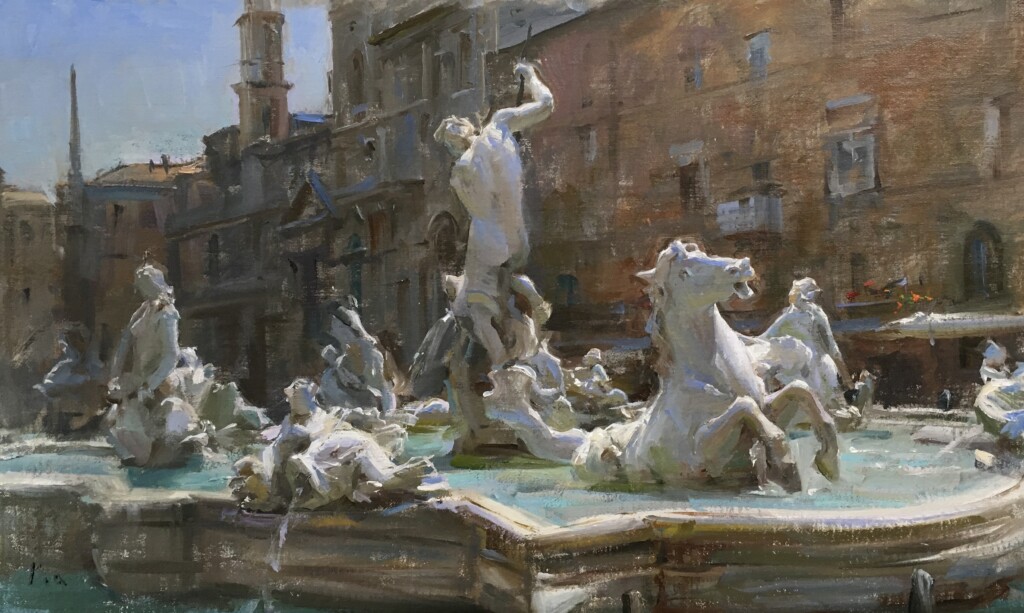 Kyle Ma, "Piazza Navona Fountain," oil, 12 x 20 in.
