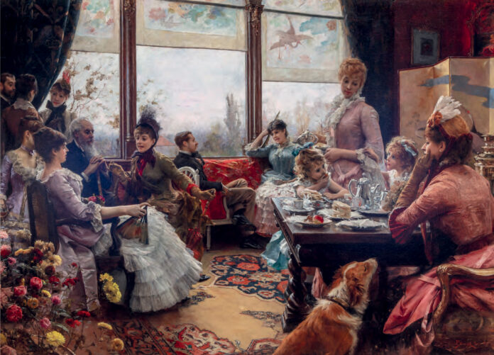 Julius LeBlanc Stewart, "Five O’Clock Tea," 1883–84, oil on canvas, 65 1/2 x 90 1/2 in., collection of Diane Jacobsen, Jacksonville