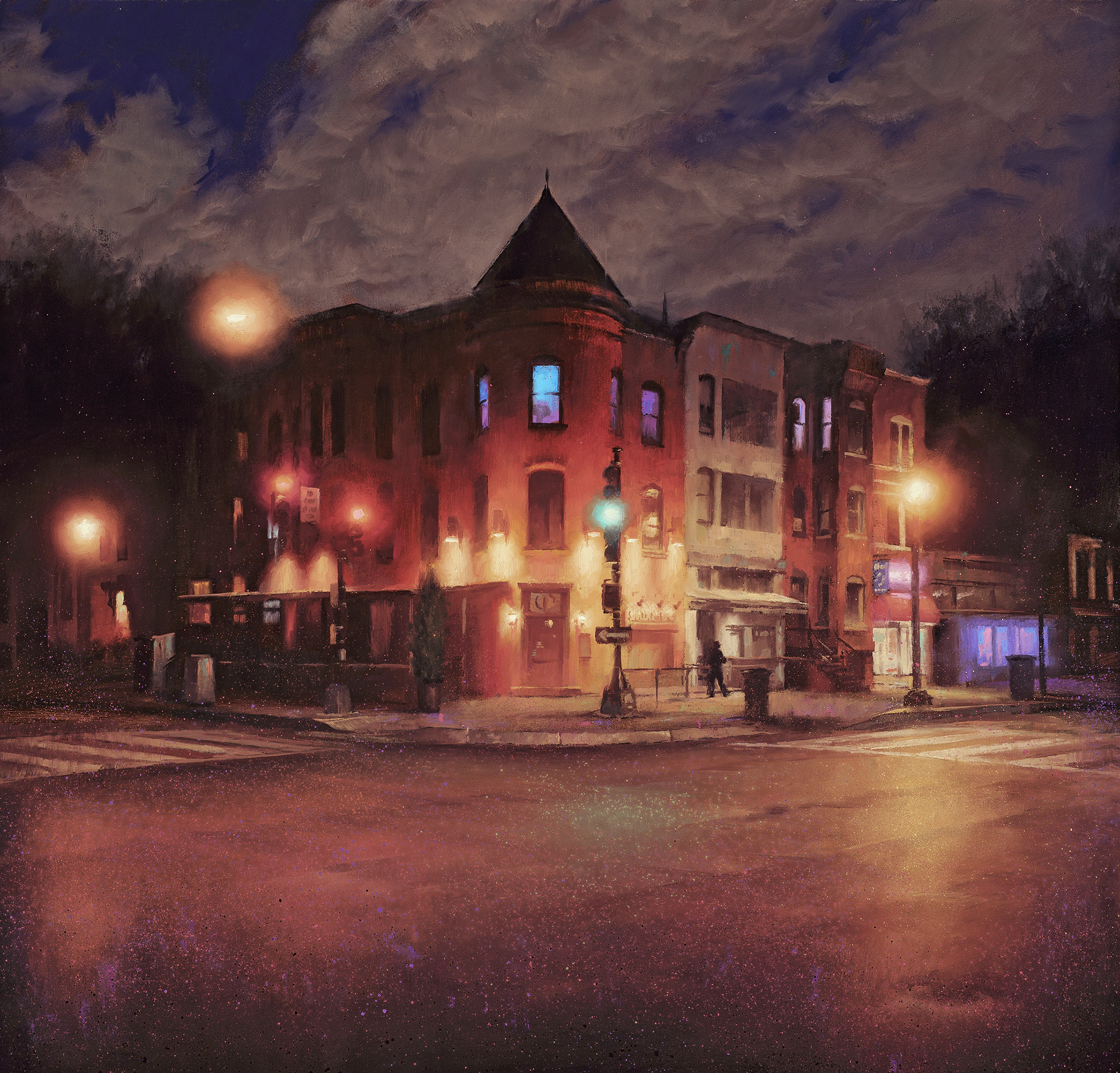 Contemporary realism nocturne - Gavin Glakas, "Electric 14th Street (Saint Ex)," oil on panel, 24 x 24 in.