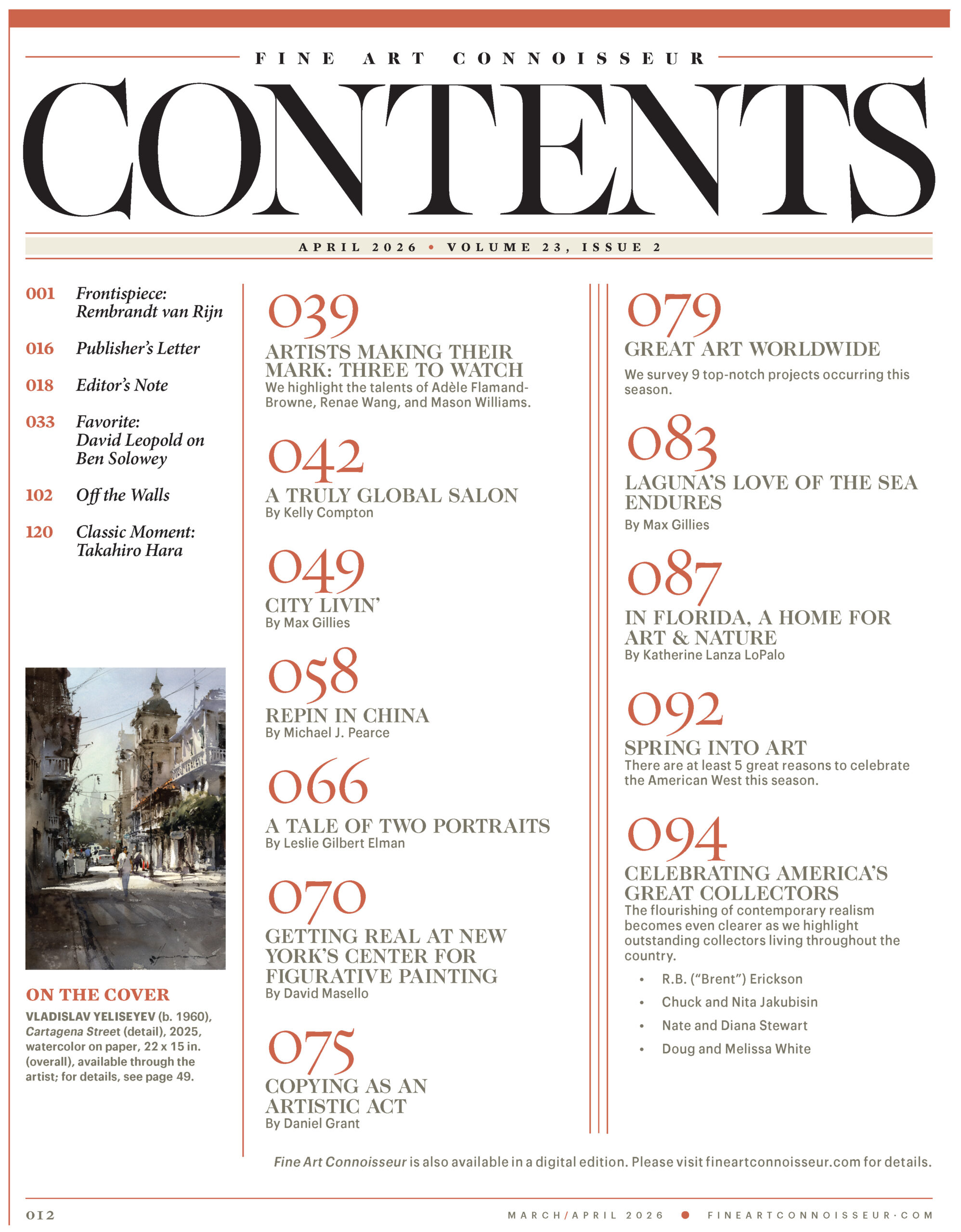 Fine Art Connoisseur MarchApril 2026 contents