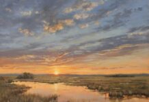 Of Mark & Meaning: American Women Artists Sunrise landscape painting - Paula B. Holtzclaw, "Morning's Embrace," 2025, Oil, 24 x 30 in.