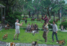 John Hull > The Lowdown: The Lost Episodes Narrative Art - John Hull, "The Lowdown: Episode 25 Sergio Shoots Some Film," 2026, acrylic on canvas, 48 x 60 in.