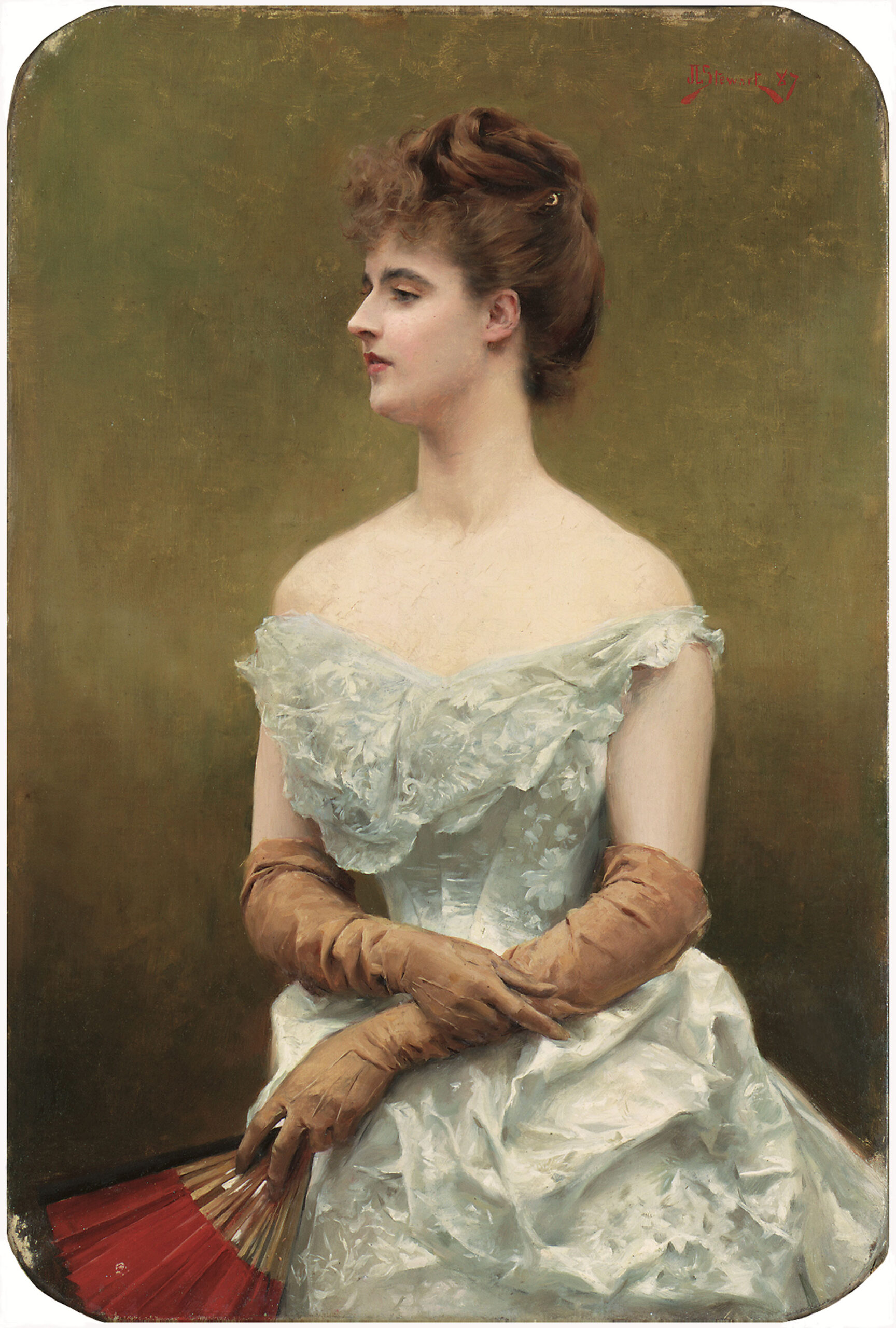 Julius LeBlanc Stewart, "Portrait of the Vicomtesse de Gouy d’Arcy," 1887, oil on paper mounted on a support, 22 x 14 3/4 in., private collection, New York