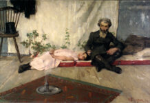 Seeing Silence: Painting Despite War Helene Schjerfbeck, "Fête Juive (Sukkot)," 1883, Oil on canvas, 45 1/4 × 67 11/16 in. (115 × 172 cm), Signe and Ane Gyllenberg Foundation, Helsinki, SCH.005 ObjectID: 906250, Photo: Matias Uusikylä / Signe and Ane Gyllenberg Foundation