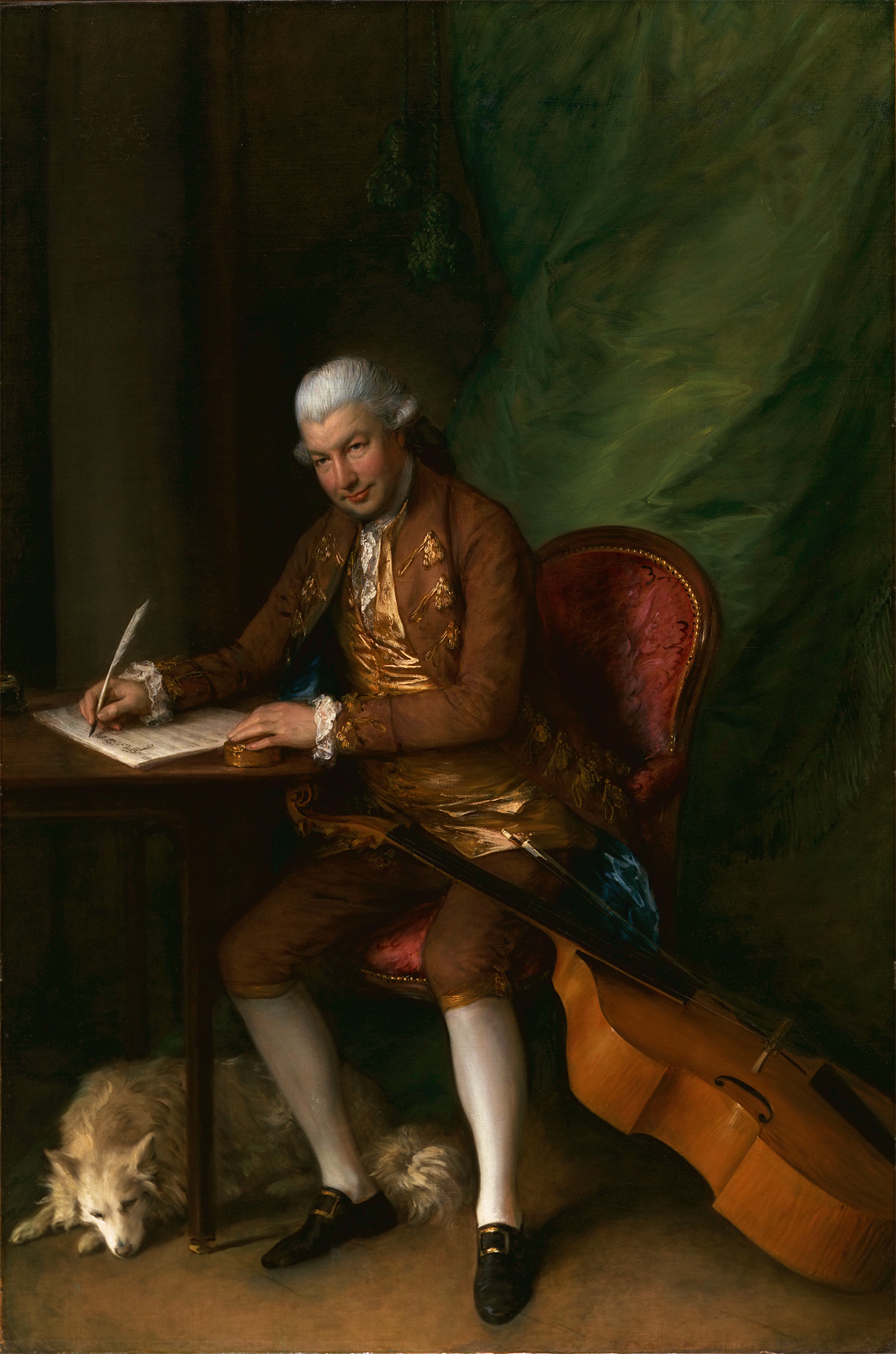 In this full-length portrait, German composer Karl Friedrich Abel is probably writing the score of one of his compositions. The sitter is portrayed at a table next to his dog and with his instrument resting on his left thigh.