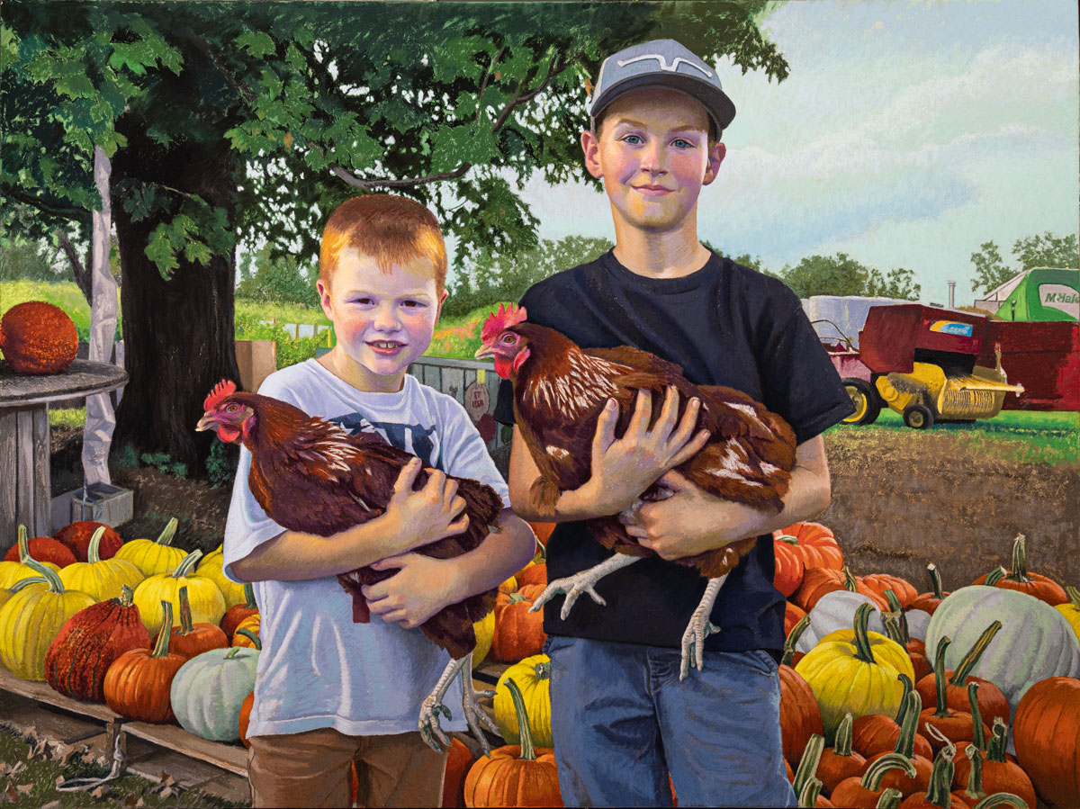 Painting of two boys holding chickens with pumpkins in the background