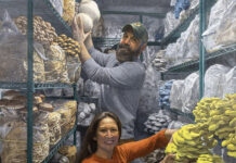 Wende Caporale-Greene: The Art of Feeding Community Wende Caporale-Greene, "Mushroom Farmers Spencer & Rebecca," 2025, oil on canvas, 46 x 46 inches, image courtesy of the artist and Mattatuck Museum