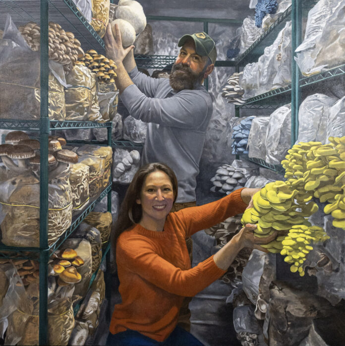 Wende Caporale-Greene, "Mushroom Farmers Spencer & Rebecca," 2025, oil on canvas, 46 x 46 inches, image courtesy of the artist and Mattatuck Museum Wende Caporale-Greene, "Mushroom Farmers Spencer & Rebecca," 2025, oil on canvas, 46 x 46 inches, image courtesy of the artist and Mattatuck Museum