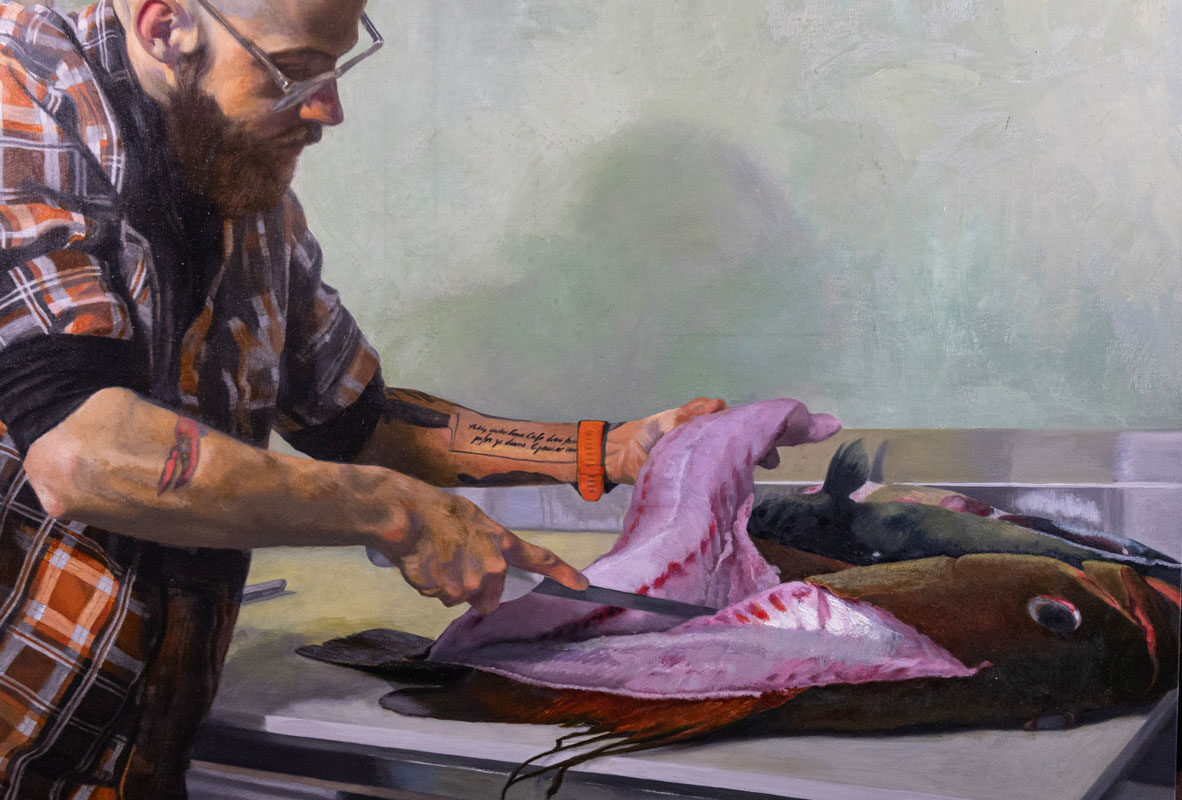 Wende Caporale-Greene, "Zack – Fishmonger" (detail), 2024, oil on canvas, 43 x 50 inches, image courtesy of the artist and Mattatuck Museum