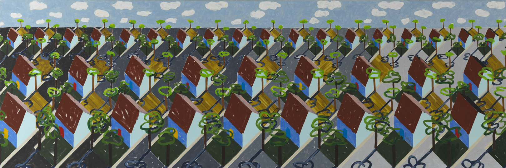 Jennifer Bartlett (1941–2022), “Subdivision,” 1999. Oil on linen, 36 x 108 in. Anonymous Gift, 2015.15.