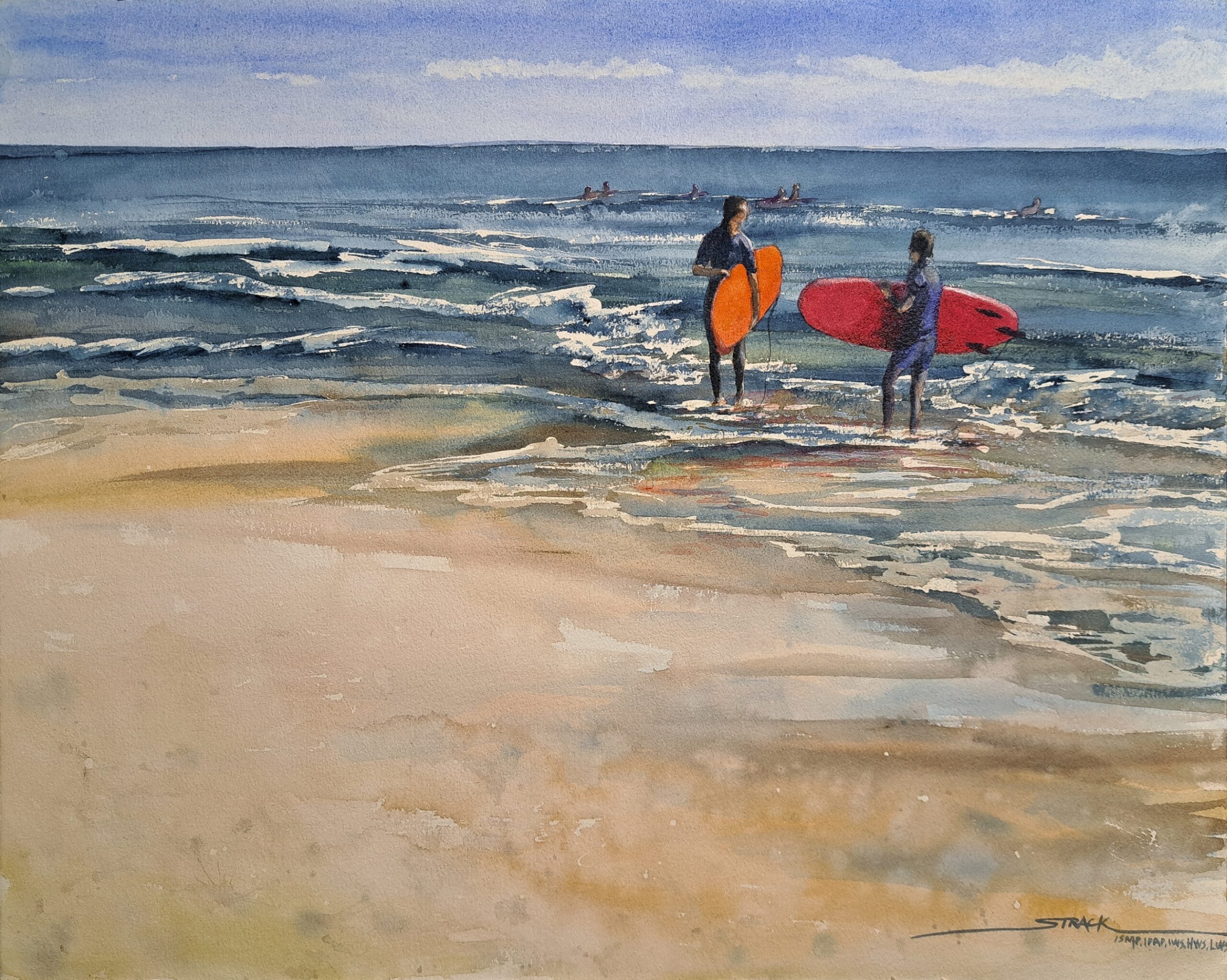 Beach paintings - 5. Annie Strack (b. 1960), "Surf’s Up," 2023, watercolor on board, 16 x 20 in., available through the artist 