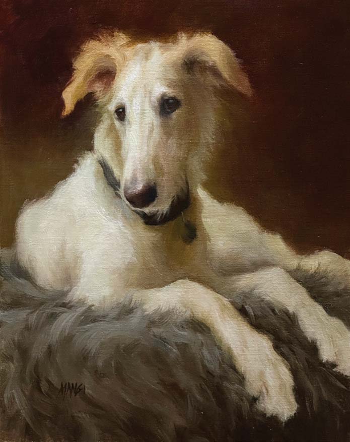 Oil Painters of America - Johanne Mangi (b. 1953), "Borzoi Baby," 2025, oil on linen board, 14 x 11 in.