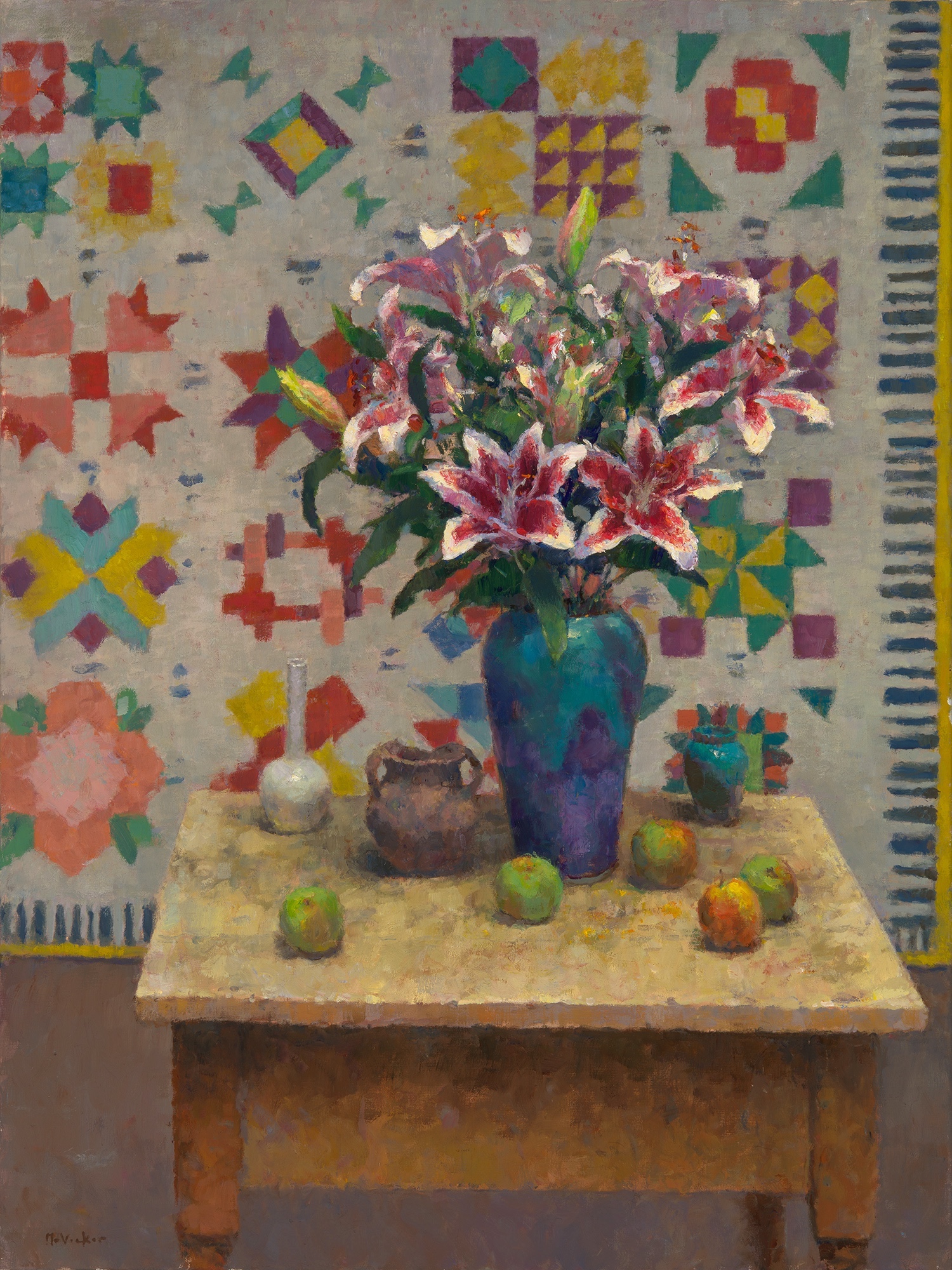 California Art Club - Jim McVicker, “Star Lilies with Quilt,” Oil on canvas, 40 x 30 inches