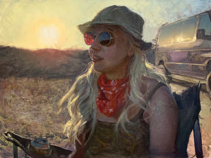 Contemporary painters - Kelly Micca, "Portrait of Clarissa, Death Valley," 2024, oil on aluminum, 18 x 24 in., available through the artist