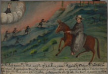 Another American Origin Story Tejano art - Godina (New Spain), “Ex-voto to San Nicolás de Tolentino,” 18th century, Oil on tin, 14 ¾ x 17 ½ in., Private Collection