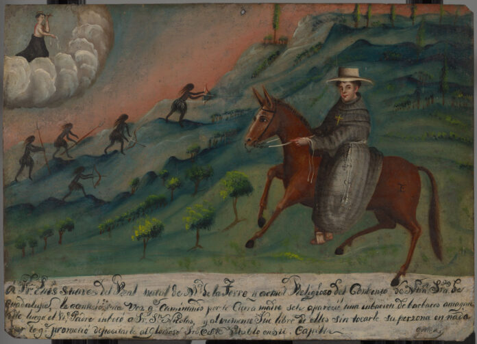 Godina (New Spain), “Ex-voto to San Nicolás de Tolentino,” 18th century, Oil on tin, 14 ¾ x 17 ½ in., Private Collection Tejano art - Godina (New Spain), “Ex-voto to San Nicolás de Tolentino,” 18th century, Oil on tin, 14 ¾ x 17 ½ in., Private Collection