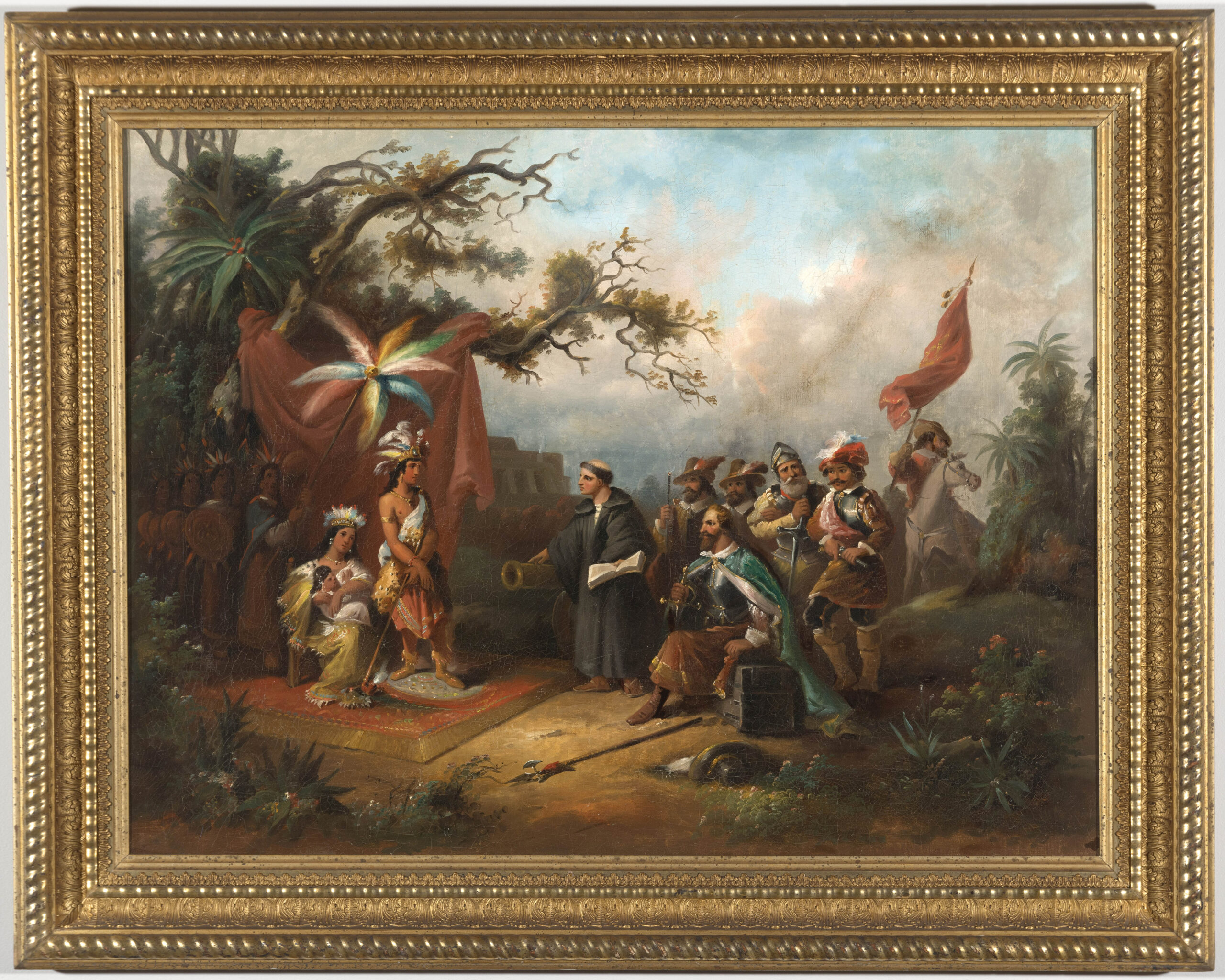 Artist Once Known (Spain), “Introduction of Hernán Cortés to a Native Lord by An Interpreter,” early-18th century Oil on canvas, 38 ½ x 48 ¼ in., Private Collection