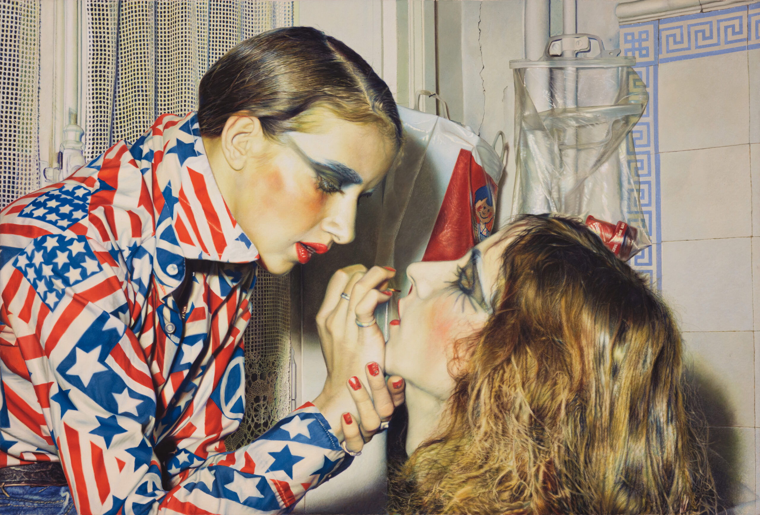 Franz Gertsch, "Marina schminkt Luciano [Marina Making Up Luciano]," 1975, Acrylic on unprimed cotton, 234 × 346 cm, Museum Ludwig, Cologne, loan from the Peter and Irene Ludwig Foundation, 1976, Photo: Historisches Archiv mit Rheinischem Bildarchiv, © Franz Gertsch AG 