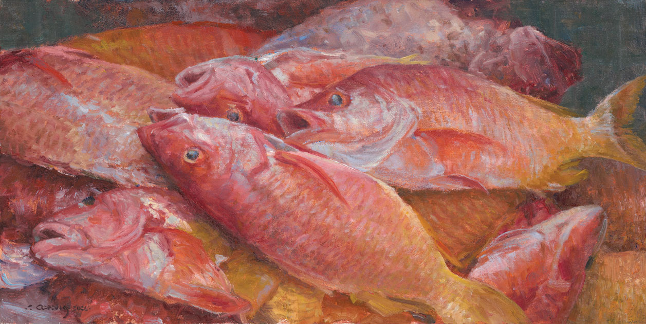 Clyde Aspevig (b. 1951), "Red Snappers," 2026, oil on linen, 12 x 24 in.