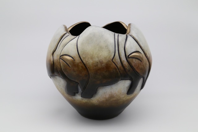 Pahponee (Kickapoo Tribe of Indians of the Kickapoo Reservation in Kansas), "Buffalo in Blizzard," 2025, Bronze, 11 x 10 x 10 inches