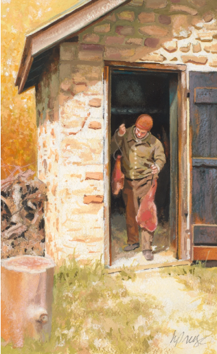 Heide Presse, "Bringing Home the Bacon," 2026, watercolor on paper, 8 x 5 in.
