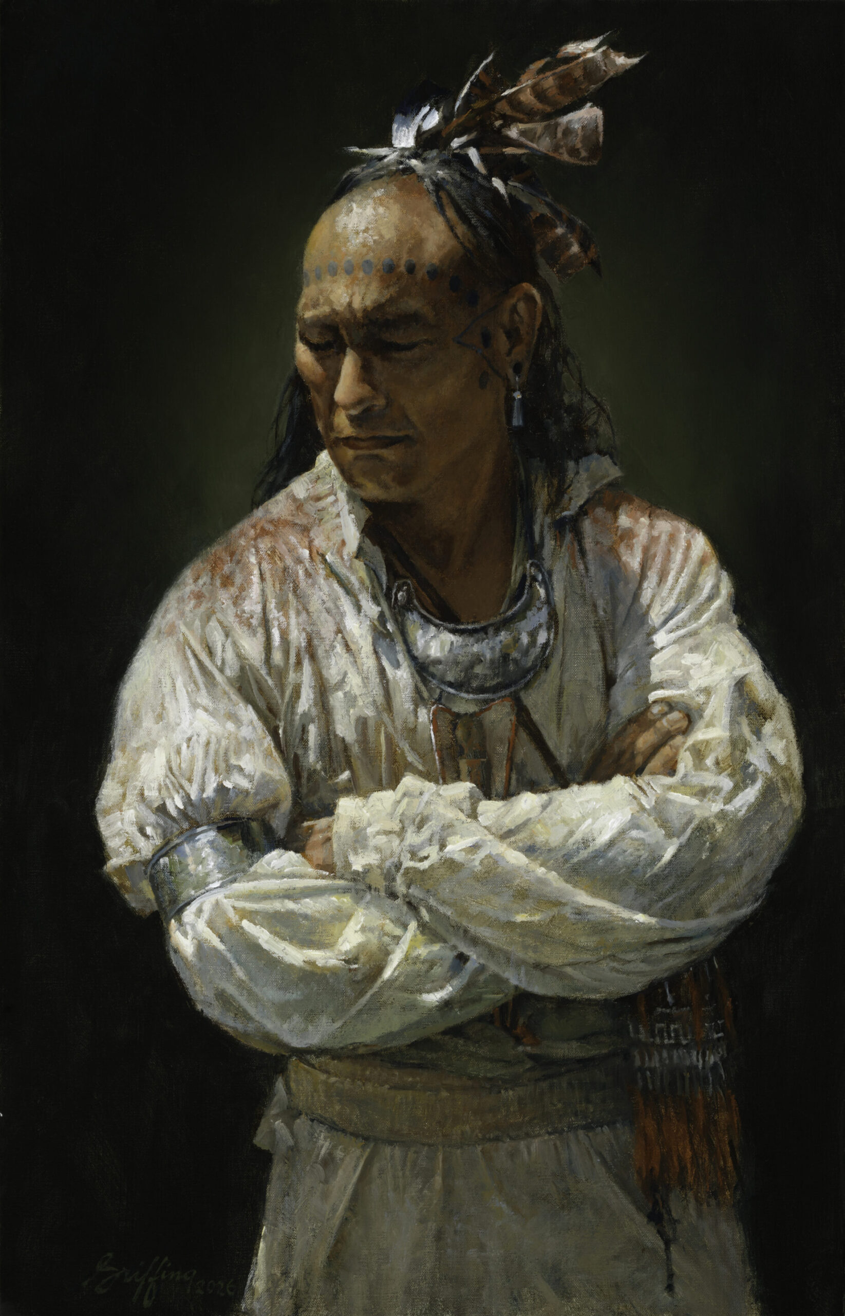 Quest for the West art - Robert Griffing, "Holding Firm on His Decision," 2026, oil on linen, 28 x 18 in.
