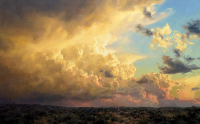 Western art - Kathleen B. Hudson (b. 1986), "Theater of Light," 2026, oil on canvas, 30 x 48 in.