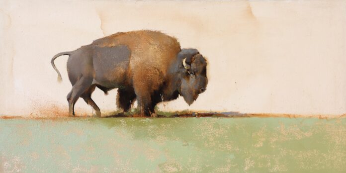 Jackson Hole art - Kathryn Mapes Turner, "The Old Way," oil on rag, 12 x 24 in.