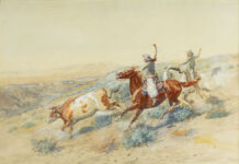 2026 Jackson Hole Art Auction Jackson Hole Art Auction - Charlies M. Russell (1864–1926), “'Buccaroos' from the N-N on the Big Dry," 1902, watercolor on paper, 19 3/4 x 28 5/8 in., estimate: $300,000–$500,000