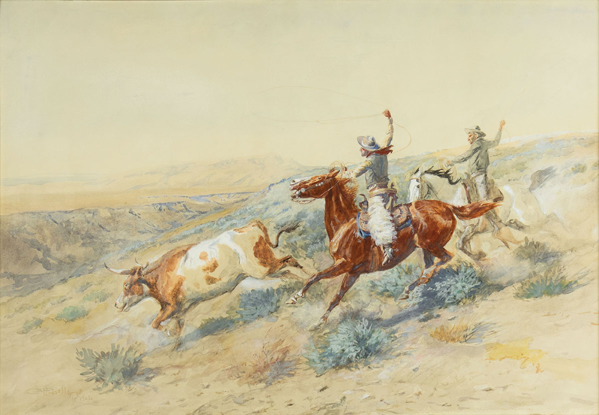 Jackson Hole Art Auction - Charlies M. Russell (1864–1926), “'Buccaroos' from the N-N on the Big Dry," 1902, watercolor on paper, 19 3/4 x 28 5/8 in., estimate: $300,000–$500,000
