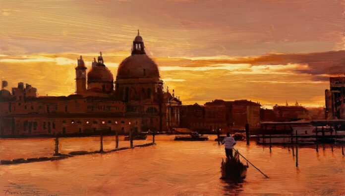 Sunset Venice Ben Aronson, "Sunset, Venice," 2025, oil on panel, 9 x 15.75 in