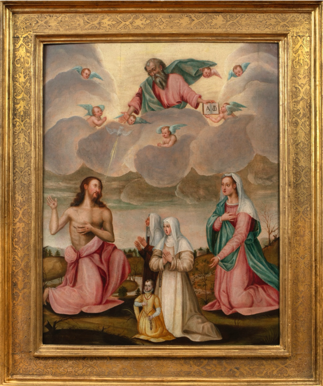 Suor Plautilla Nelli, "Christ and the Virgin Interceding with God the Father on Behalf of Two Women and a Young Girl," Signed, lower left: ORATE PITTORA, Oil on panel, 36 ½ x 28 ⅛ inches (92.7 x 71.4 cm)
