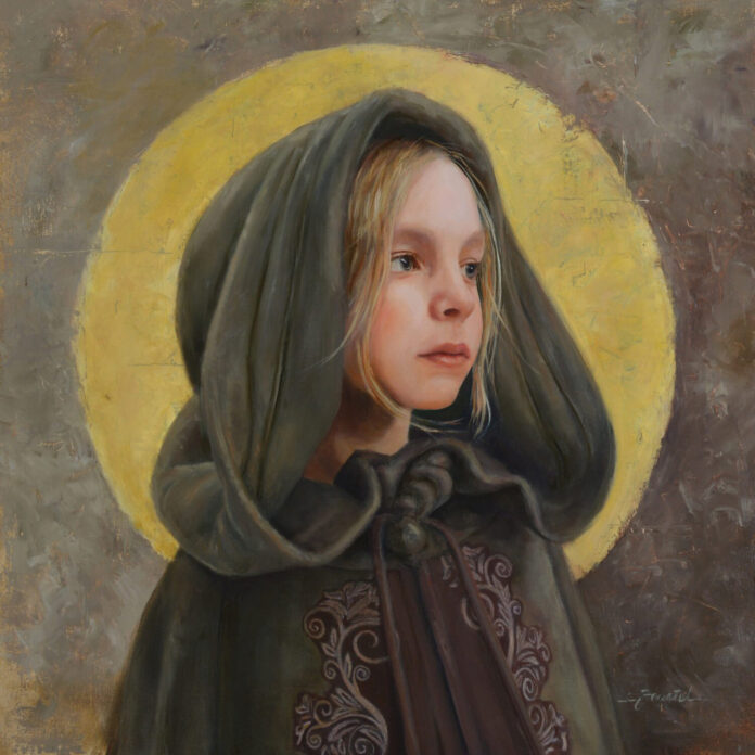 Cynthia Feustel (b. 1957), "Through the Eyes of a Child," 2023, oil on cradled panel, 16 x 16 in. Cynthia Feustel, Through the Eyes of a Child, featured in Limitless: The 56th National Exhibition of Women Artists of the West