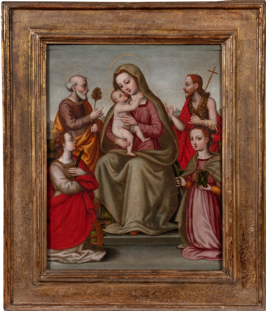 Suor Plautilla Nelli, "Madonna and Child with Saints Joseph, John the Baptist, Catherine of Alexandria, and Ursula," Oil on panel, 18 ½ x 15 ½ inches (46.9 x 39.4 cm), original dimensions, 19 ⅝ x 15 ⅜ inches (49.8 x 39.1 cm), with added strips
