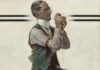 On View > Rockwell/Wyeth: Icons of Americana Norman Rockwell (American, 1894 – 1978), “Threading the Needle,” 1922, oil on canvas, 25 1/2 x 20 1/2 inches, Saturday Evening Post, April 8, 1922 cover, © 2026 National Museum of American Illustration, Newport, RI, and the American Illustrators Gallery, New York, NY.