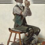 On View > Rockwell/Wyeth: Icons of Americana Norman Rockwell (American, 1894 – 1978), “Threading the Needle,” 1922, oil on canvas, 25 1/2 x 20 1/2 inches, Saturday Evening Post, April 8, 1922 cover, © 2026 National Museum of American Illustration, Newport, RI, and the American Illustrators Gallery, New York, NY.