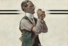 On View > Rockwell/Wyeth: Icons of Americana Norman Rockwell (American, 1894 – 1978), “Threading the Needle,” 1922, oil on canvas, 25 1/2 x 20 1/2 inches, Saturday Evening Post, April 8, 1922 cover, © 2026 National Museum of American Illustration, Newport, RI, and the American Illustrators Gallery, New York, NY.