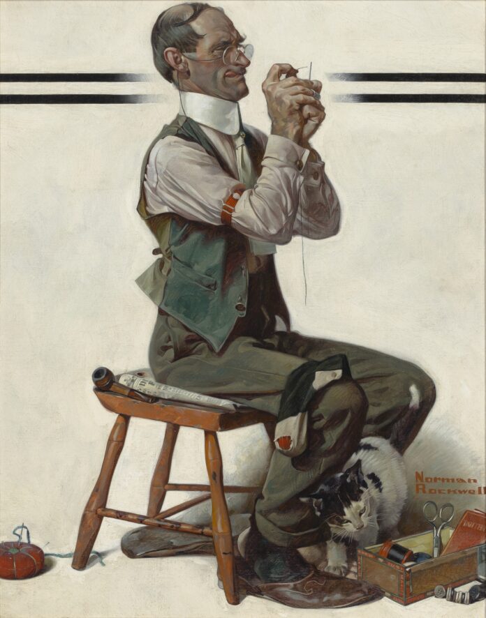 Norman Rockwell (American, 1894 – 1978), “Threading the Needle,” 1922, oil on canvas, 25 1/2 x 20 1/2 inches, Saturday Evening Post, April 8, 1922 cover, © 2026 National Museum of American Illustration, Newport, RI, and the American Illustrators Gallery, New York, NY.