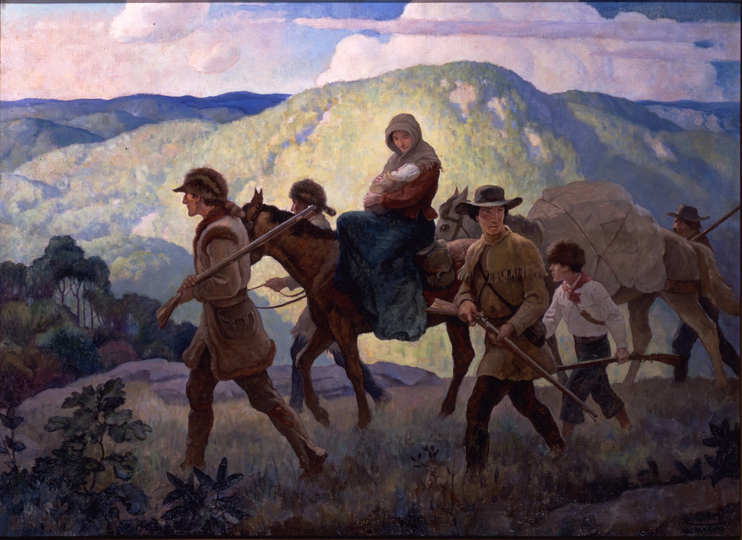 N. C. Wyeth (American, 1882 – 1945), “Daniel Boone, The Home Seeker—Cumberland Valley,” 1936, oil on canvas, 30 x 41 inches, The Home Insurance Company calendar, 1938, also printed as Everett Webster Insurance calendar, Peterboro, NH, © 2026 National Museum of American Illustration, Newport, RI, and the American Illustrators Gallery, New York, NY