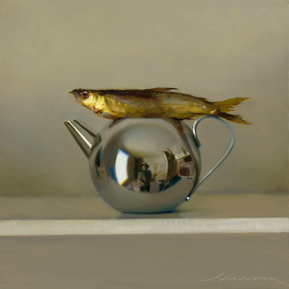 contemporary realism still life painting - Jeffrey T. Larson, “Fish on Teapot,” 16 x 16 in.